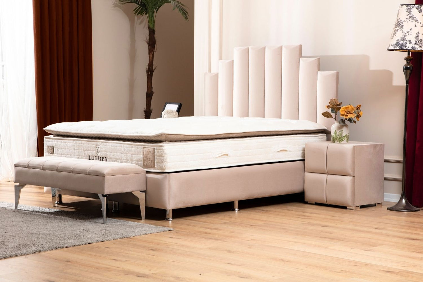 NATURA - Lit coffre velours beige